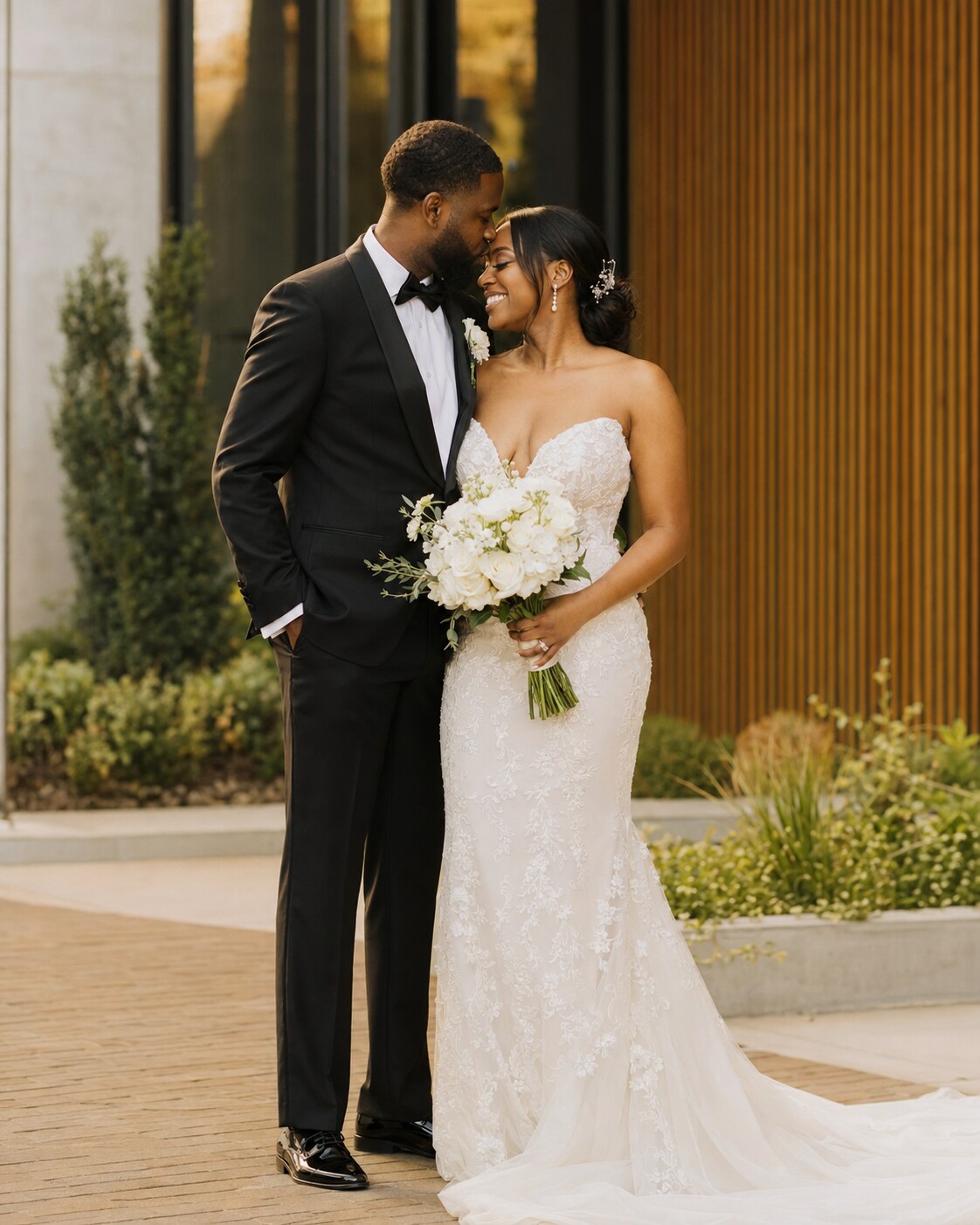 Wedding couple outdoors in warm light
